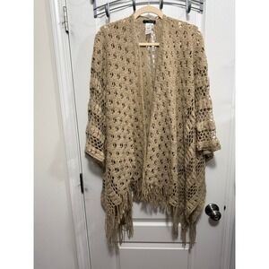 Maurices Tan Crochet Fringe Kimono Shawl Open Front One Size Wrap Boho Neutral